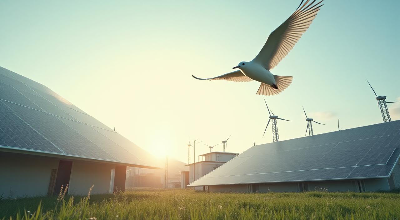 都会の空を飛ぶ鳥と太陽光パネルの調和