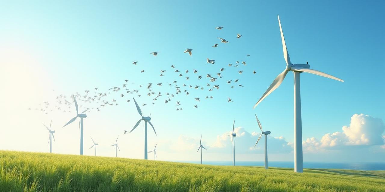 風力発電機と大空を優雅に舞う鳥の群れ